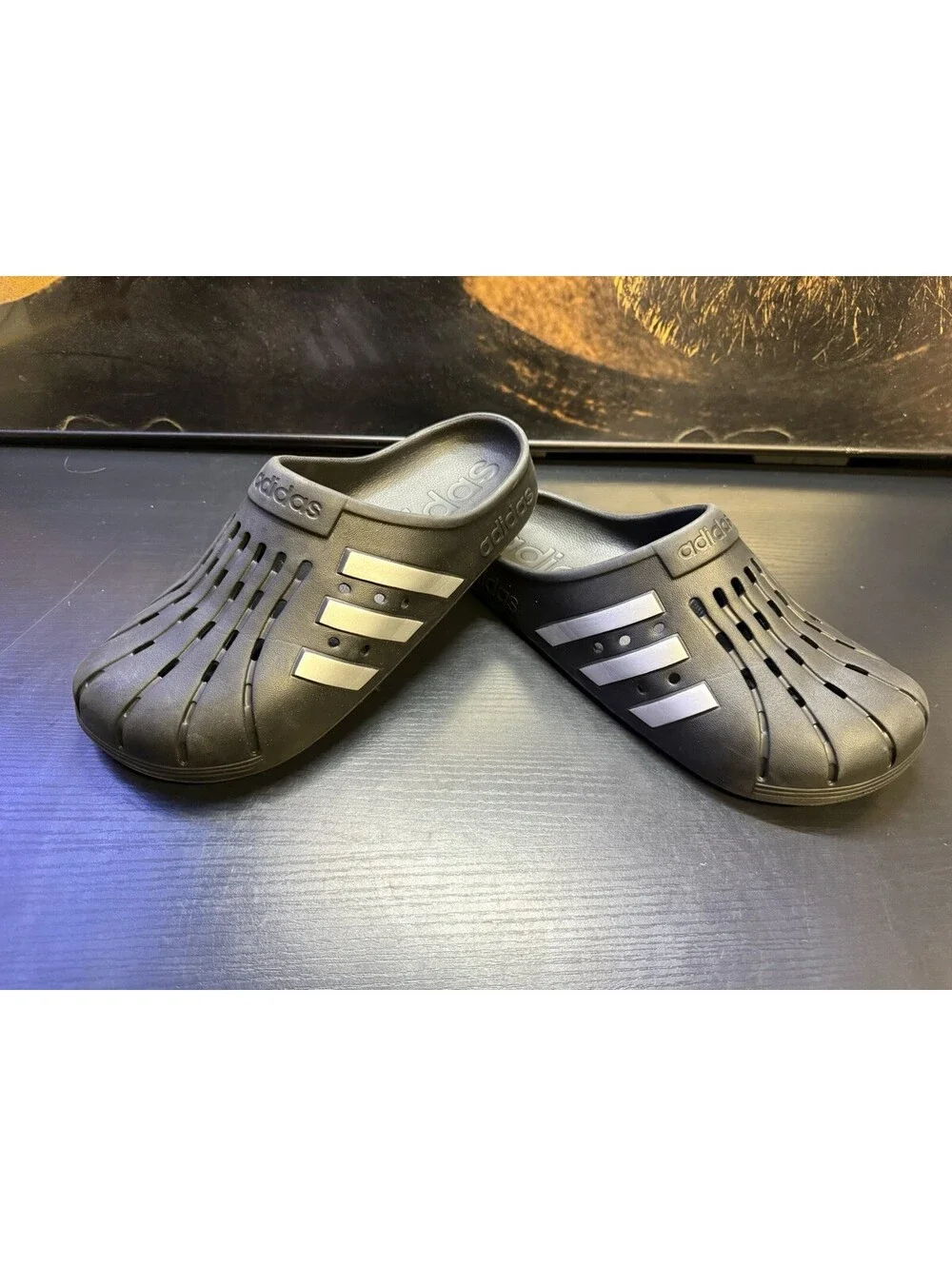 adidas Adilette Clog Black Silver Men’s 11 Women’s 12 Slip On Sandals